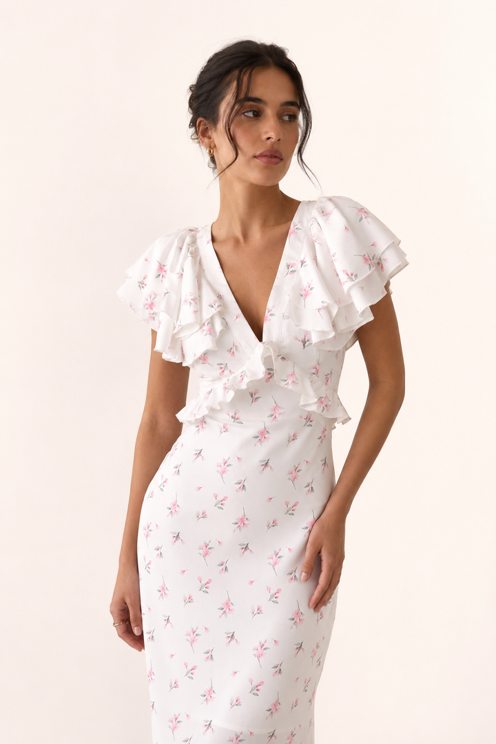 Robe midi femme imprimé floral volant élégant décontracté - Hedda
