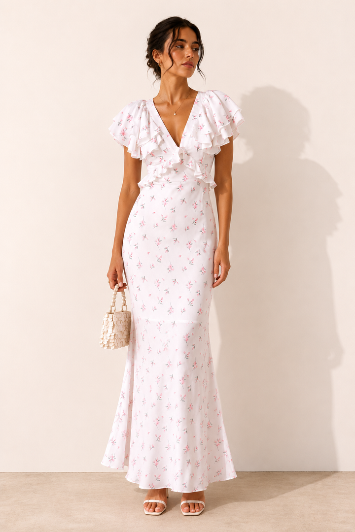 Robe midi femme imprimé floral volant élégant décontracté - Hedda