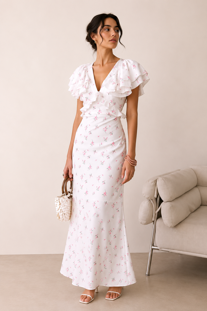 Robe midi femme imprimé floral volant élégant décontracté - Hedda