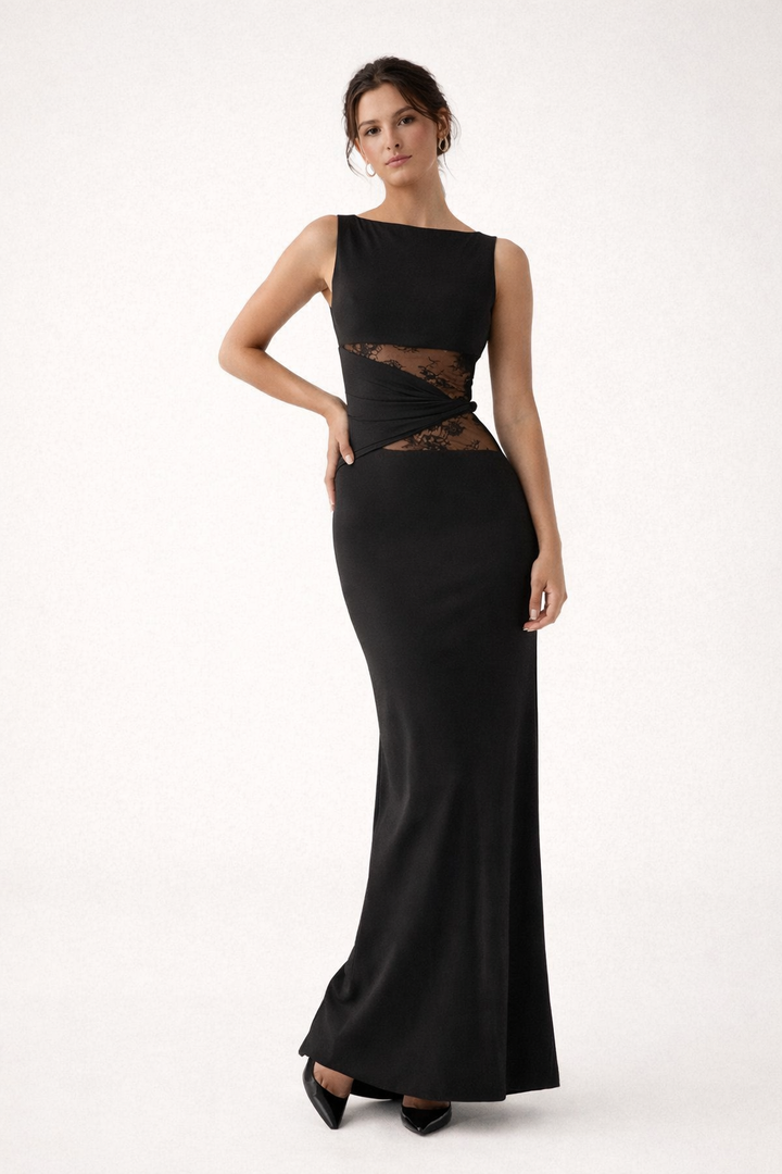 Robe longue ajustée avec détails en dentelle et drapé sur les côtés pour femmes - Elara