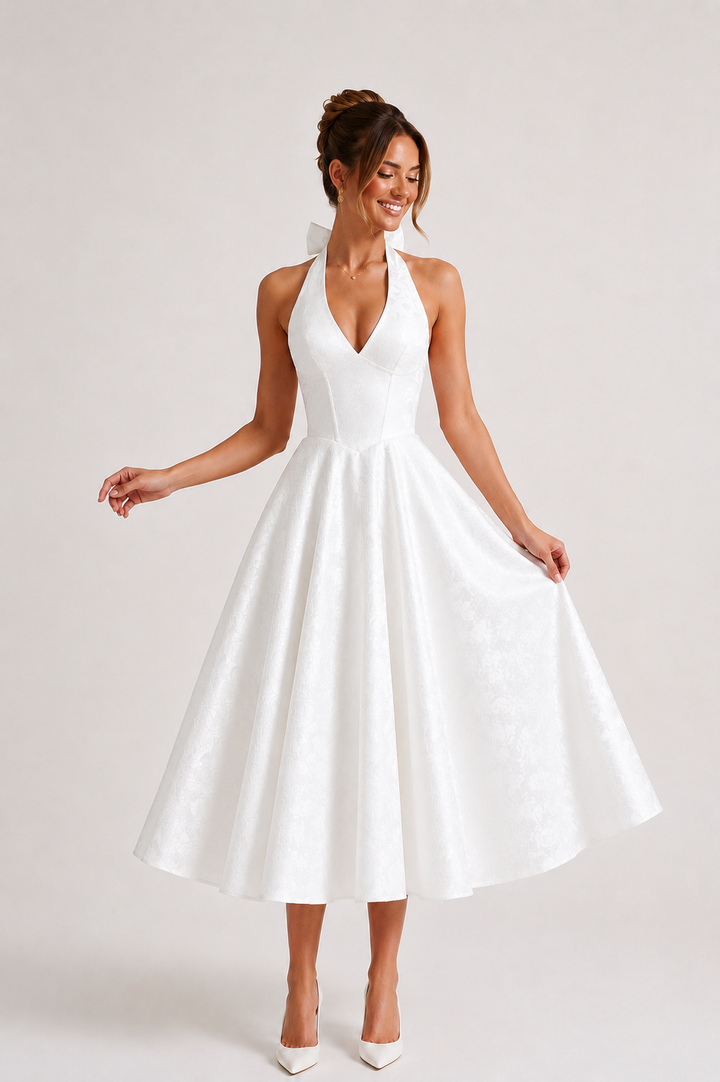 Robe midi dos nu femme élégante jupe large - Elodie