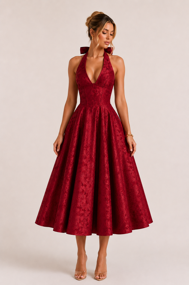 Robe midi dos nu femme élégante jupe large - Elodie