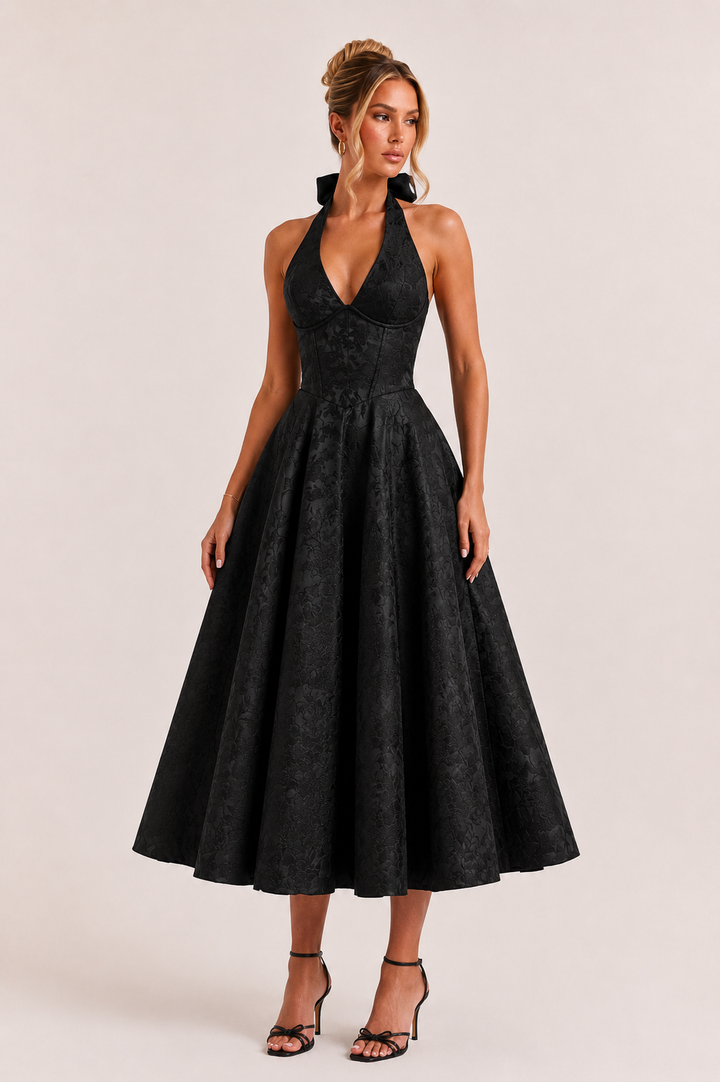 Robe midi dos nu femme élégante jupe large - Elodie