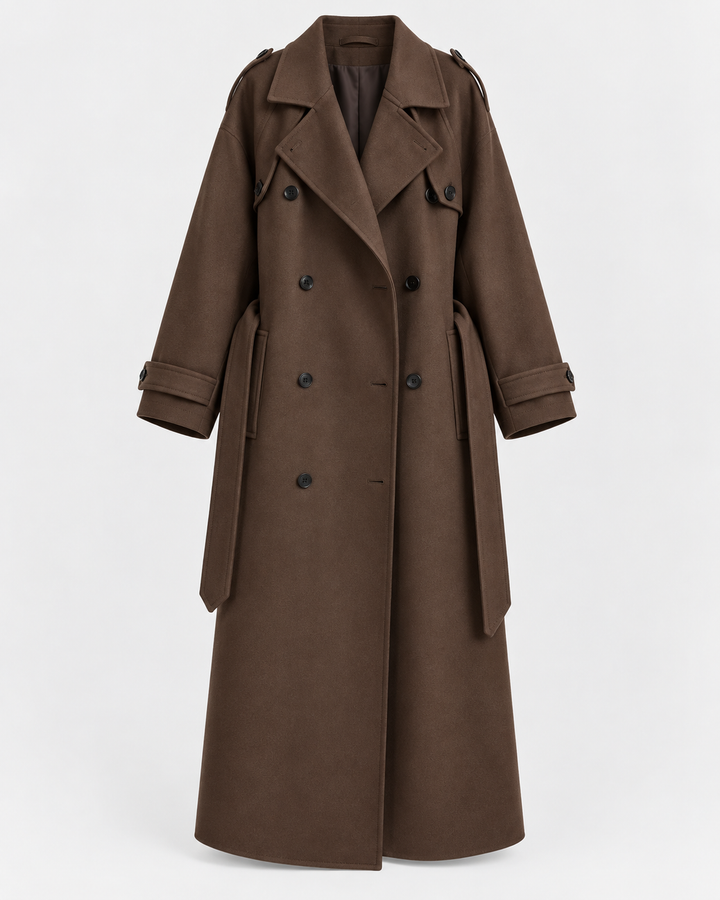Manteau long pour femme, double boutonnage, avec ceinture - Apolline