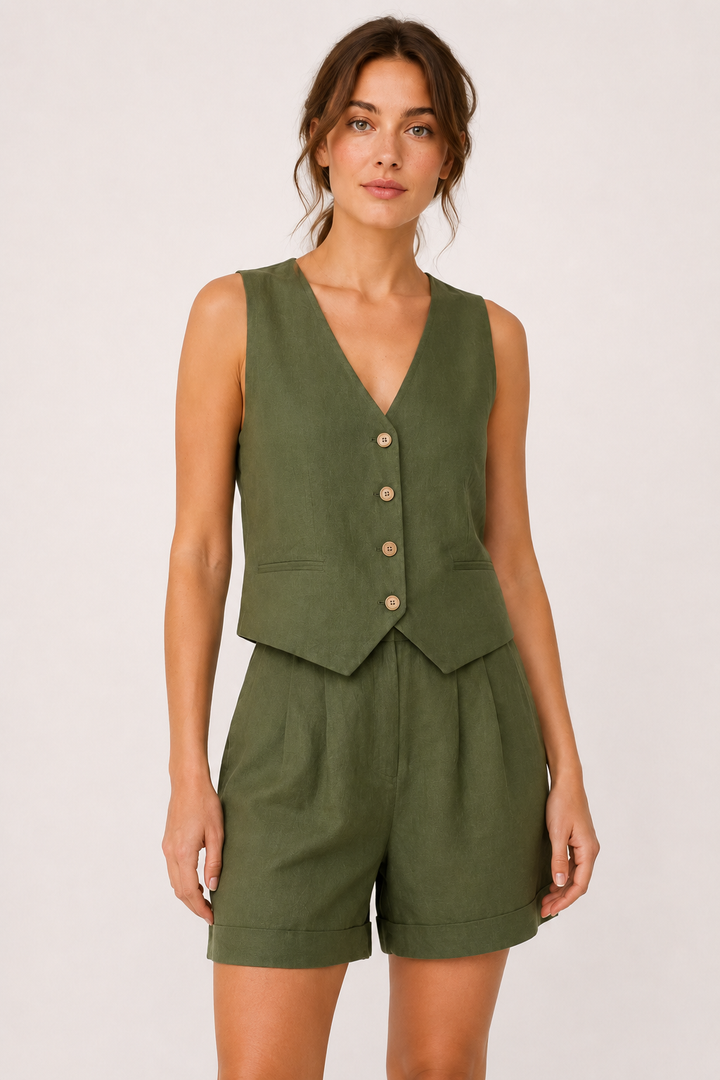Ensemble gilet et short pour femme en lin et coton - Rita