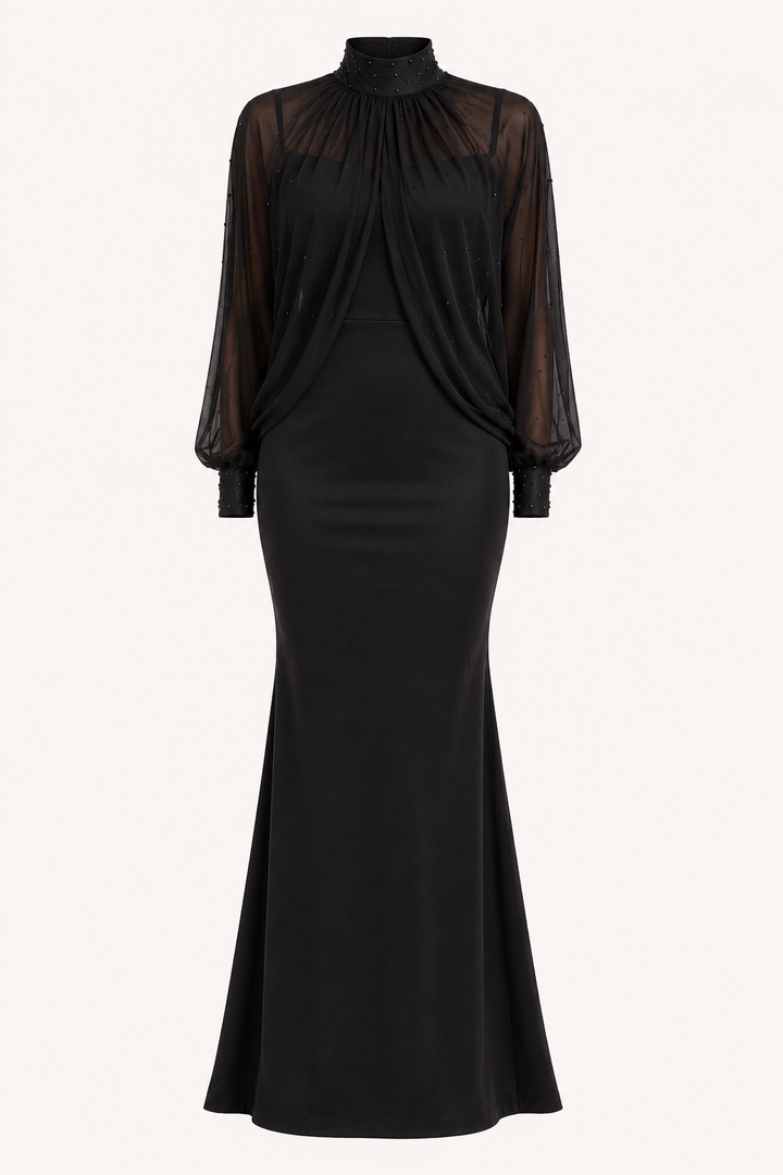 Robe longue deux pièces élégante à manches transparentes pour femme - Bleu ciel