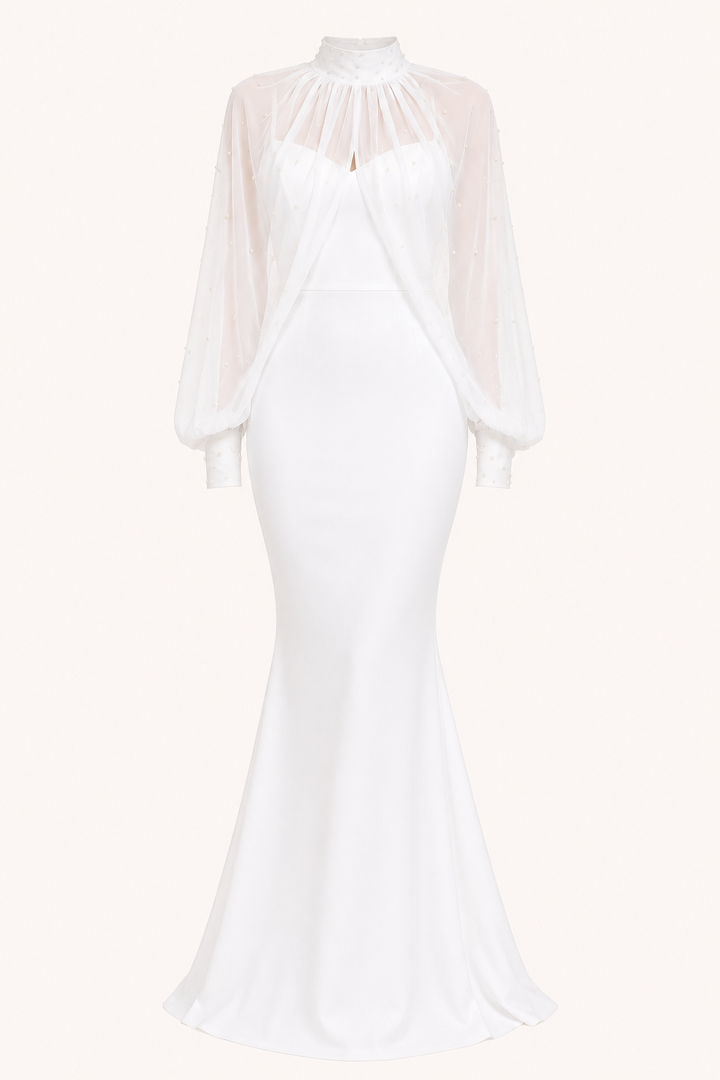 Robe longue deux pièces élégante à manches transparentes pour femme - Bleu ciel