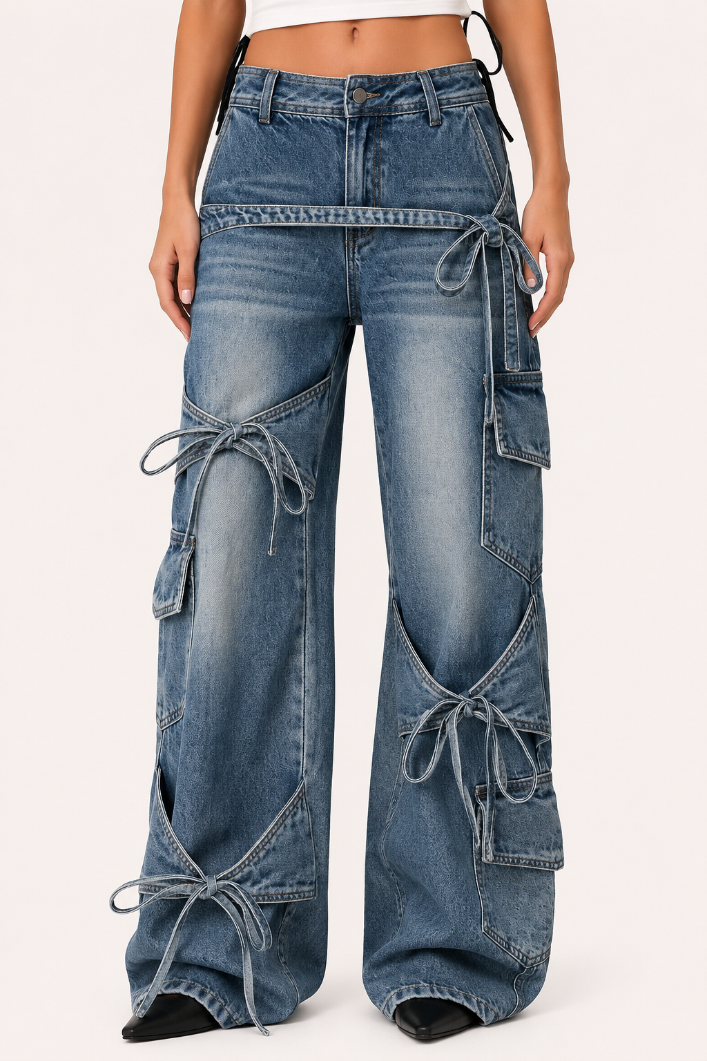 Jean cargo pour femme à jambes larges avec nœuds - Ida