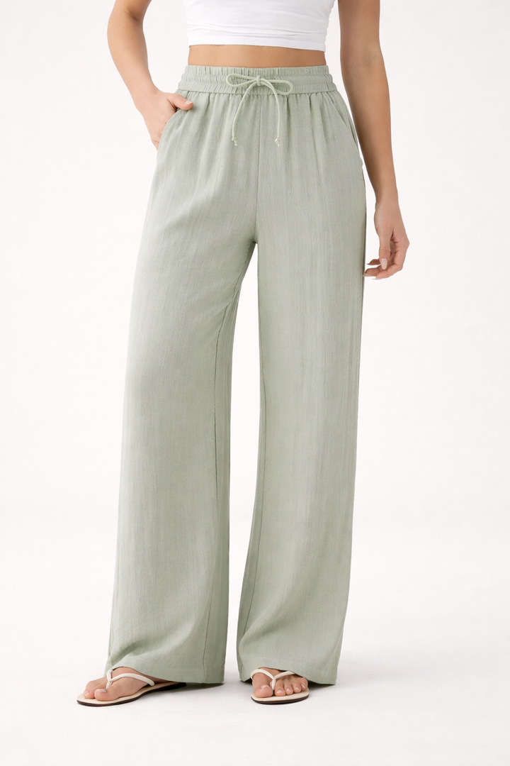 Pantalon large en lin pour femme, taille élastiquée et cordon de serrage ajustable - Brisa