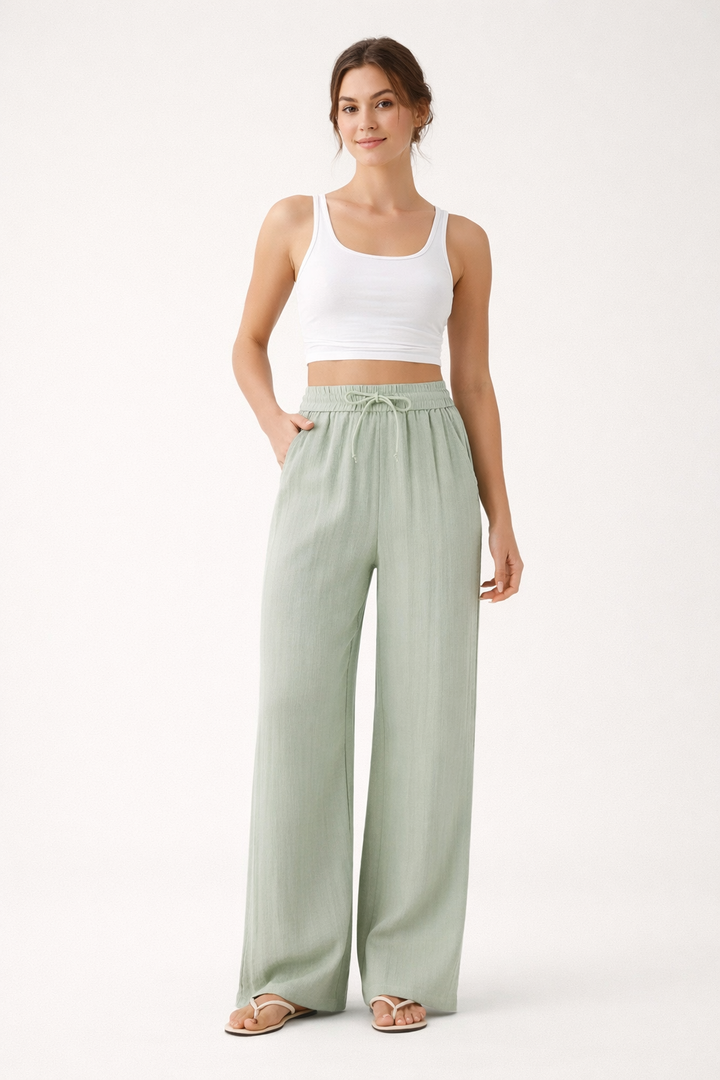Pantalon large en lin pour femme, taille élastiquée et cordon de serrage ajustable - Brisa