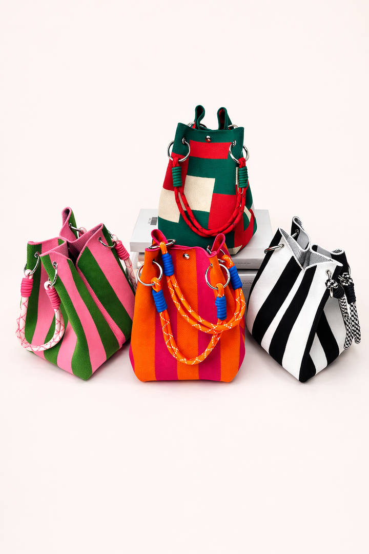 Sac seau tissé pour femmes avec motif de rayures printemps-été