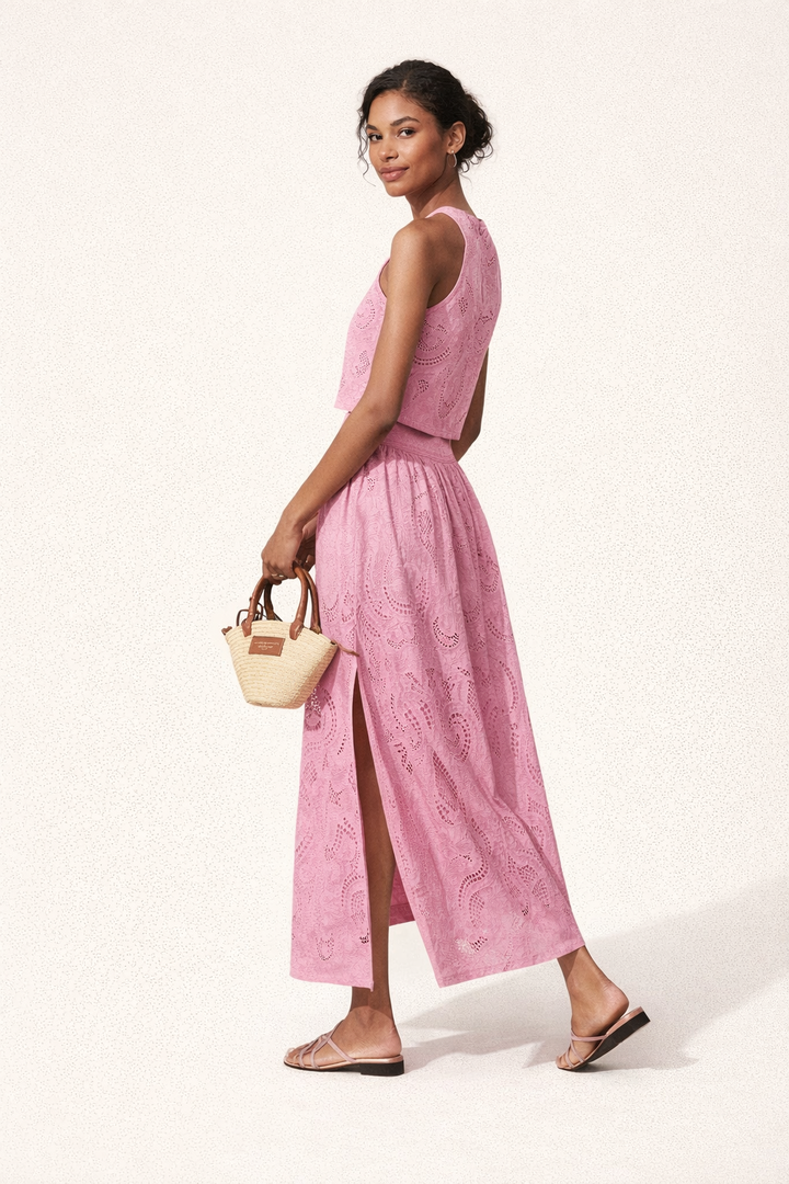 Ensemble femme avec jupe longue brodée et top ajouré - Larea