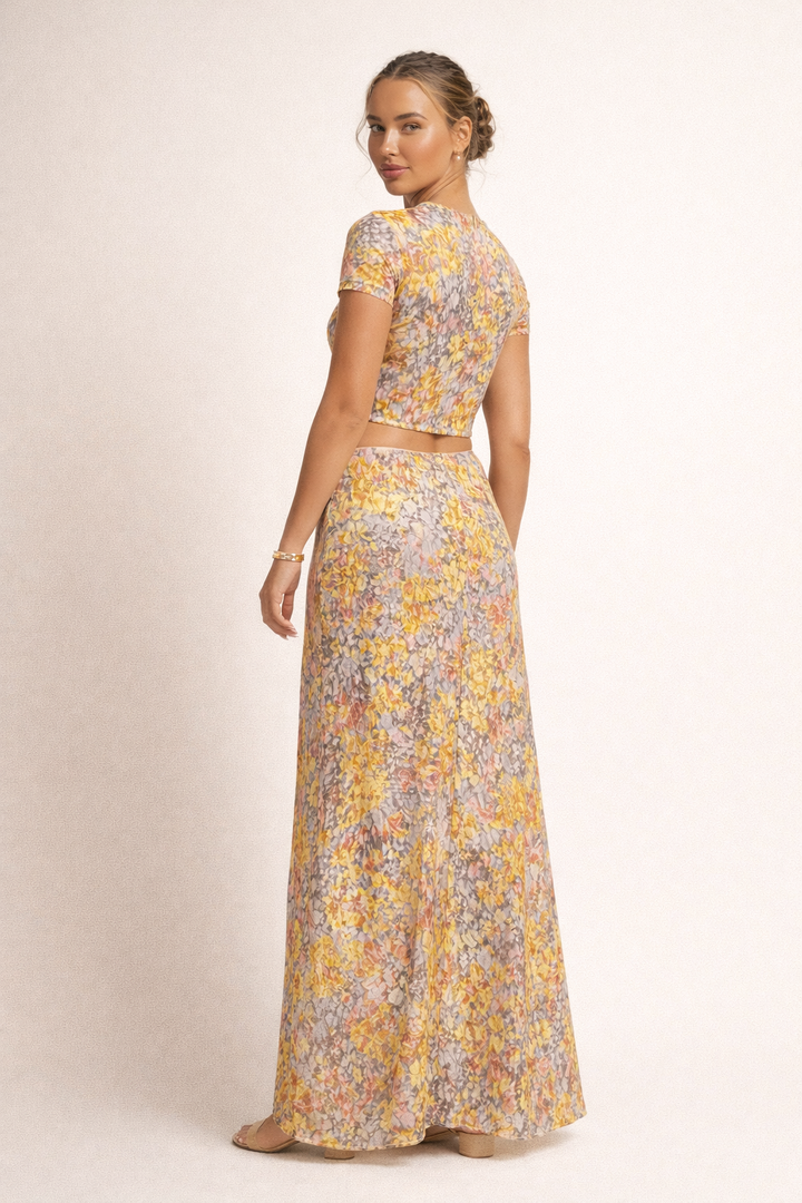 Ensemble femme avec top court et jupe longue imprimée - Selira