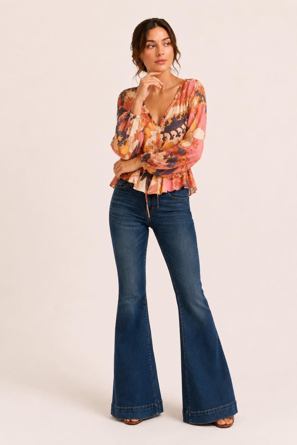 Jean évasé pour femme, élastique, taille mi-haute, à jambes largement évasées - Elke