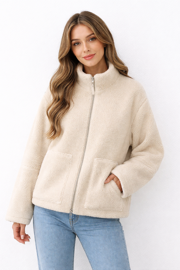 Manteau en peluche à large revers et fermeture sur le devant pour femmes - Aino