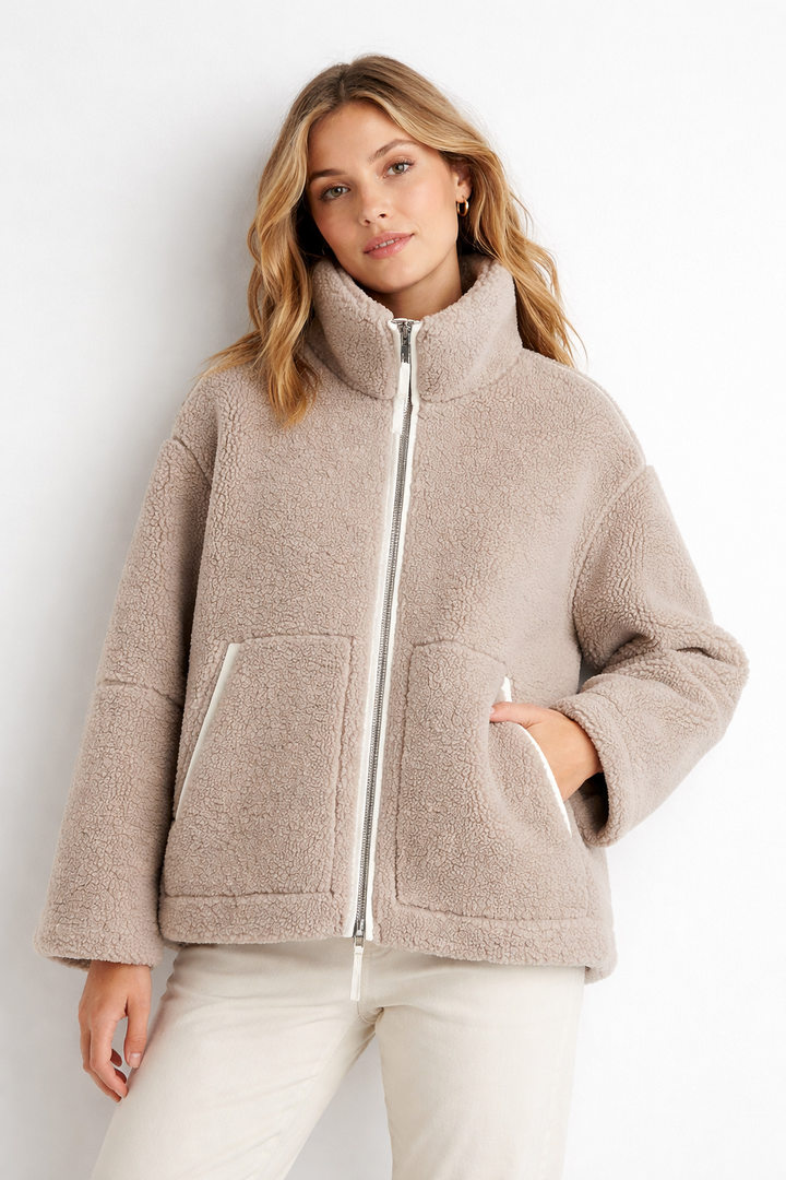 Manteau en peluche à fermeture ample sur le devant pour femmes, avec revers structuré - Eirene