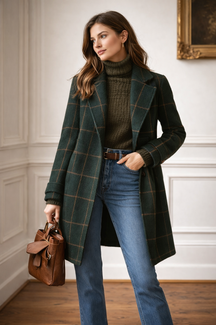 Élégant manteau à large revers pour femmes avec motif écossais - Yara