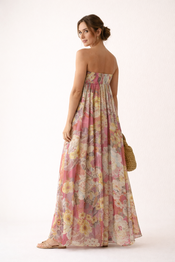 Robe longue sans bretelles à imprimé floral pour femmes - Quinzy