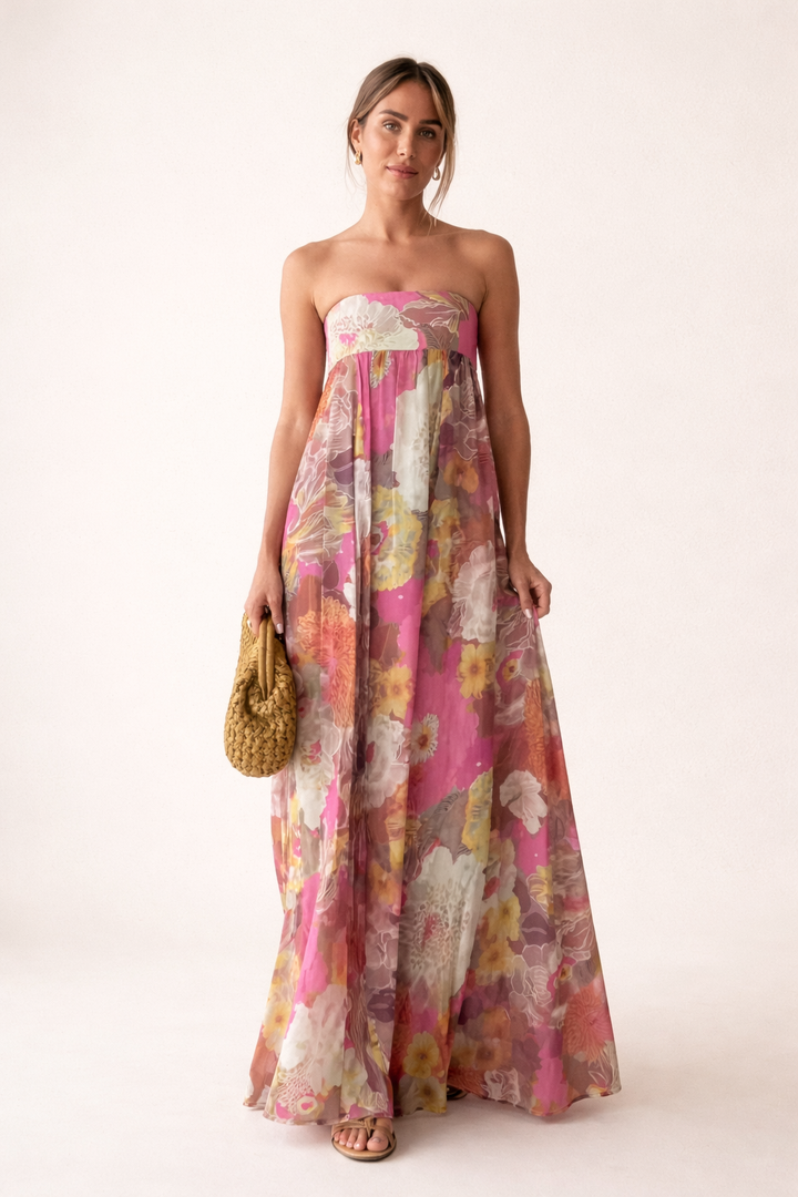 Robe longue sans bretelles à imprimé floral pour femmes - Quinzy