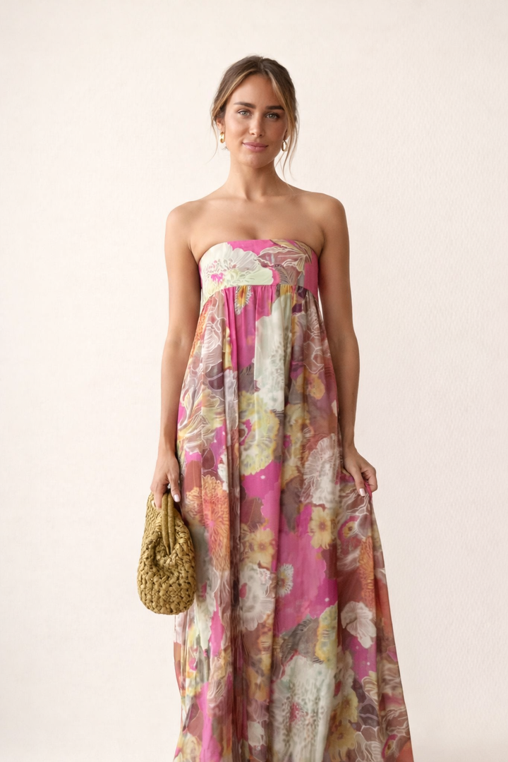 Robe longue sans bretelles à imprimé floral pour femmes - Quinzy