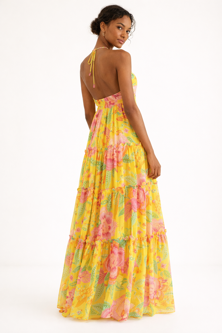 Robe longue à fines bretelles et jupe florale pour femme - Lirena