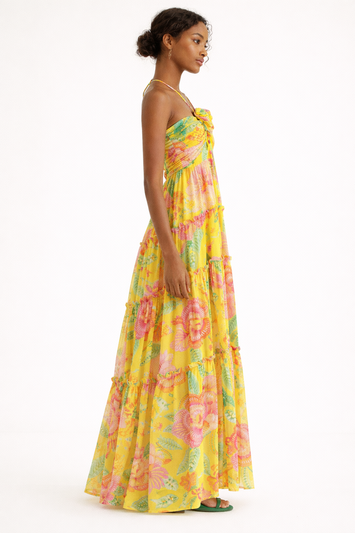 Robe longue à fines bretelles et jupe florale pour femme - Lirena