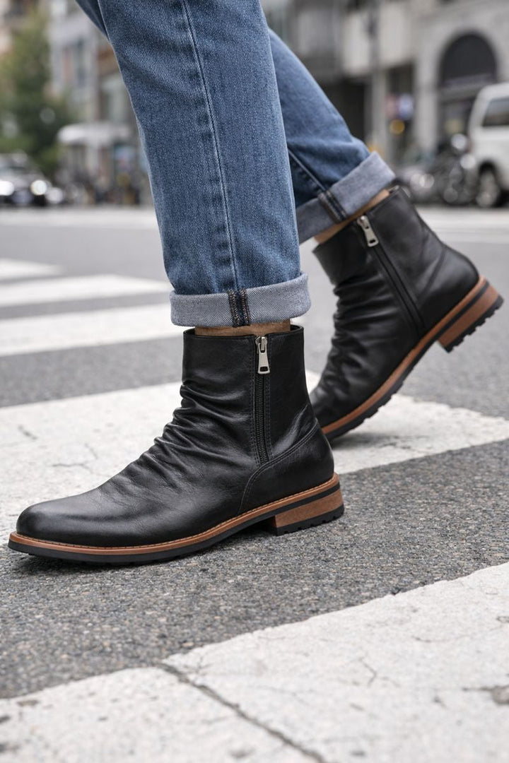 Bottes en cuir pour hommes avec fermeture éclair latérale et semelle basse - Halvor
