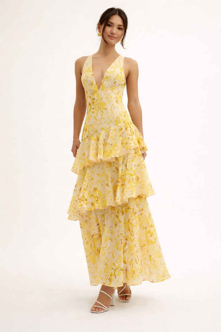 Robe longue à imprimé floral et volants pour femmes - Camila