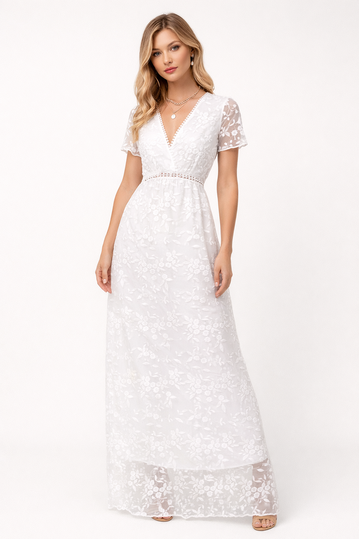 Robe longue avec dentelle florale et décolleté en V - Elira