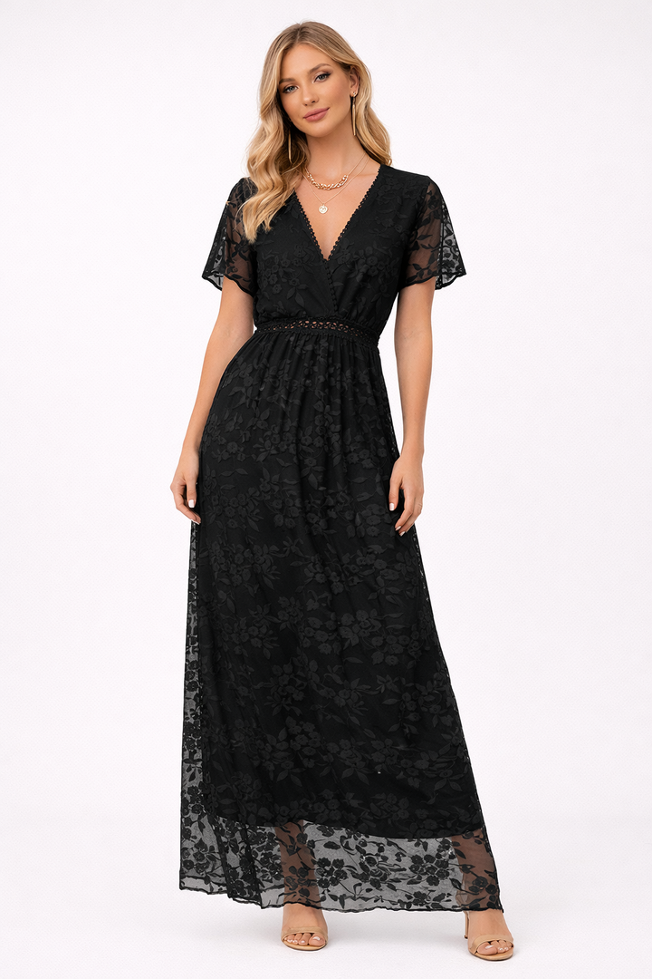 Robe longue avec dentelle florale et décolleté en V - Elira