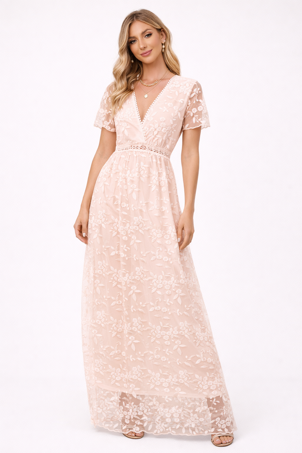 Robe longue avec dentelle florale et décolleté en V - Elira