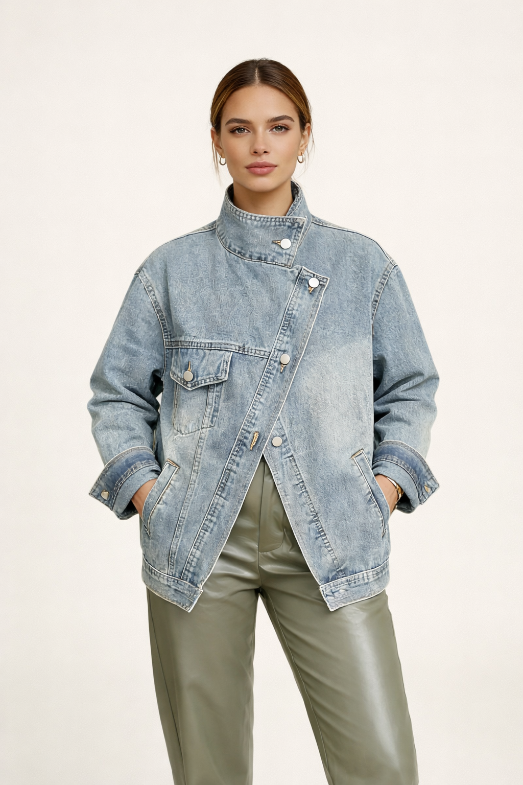 Veste en jean oversize à col haut pour femme - Kaia