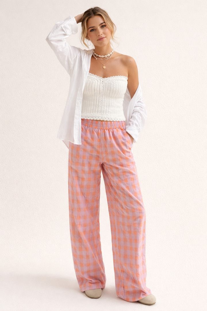Pantalon à carreaux pour femmes, taille haute et jambe droite - Nara