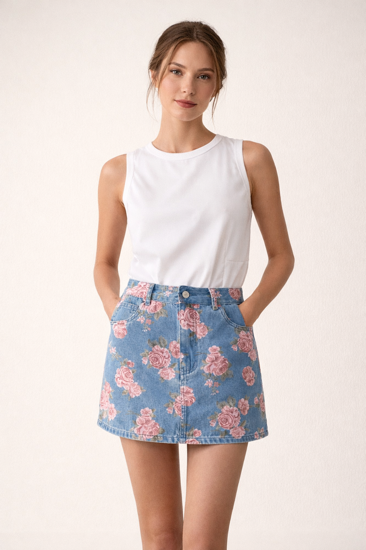 Jupe en denim à imprimé floral et coupe droite pour femmes - Letty