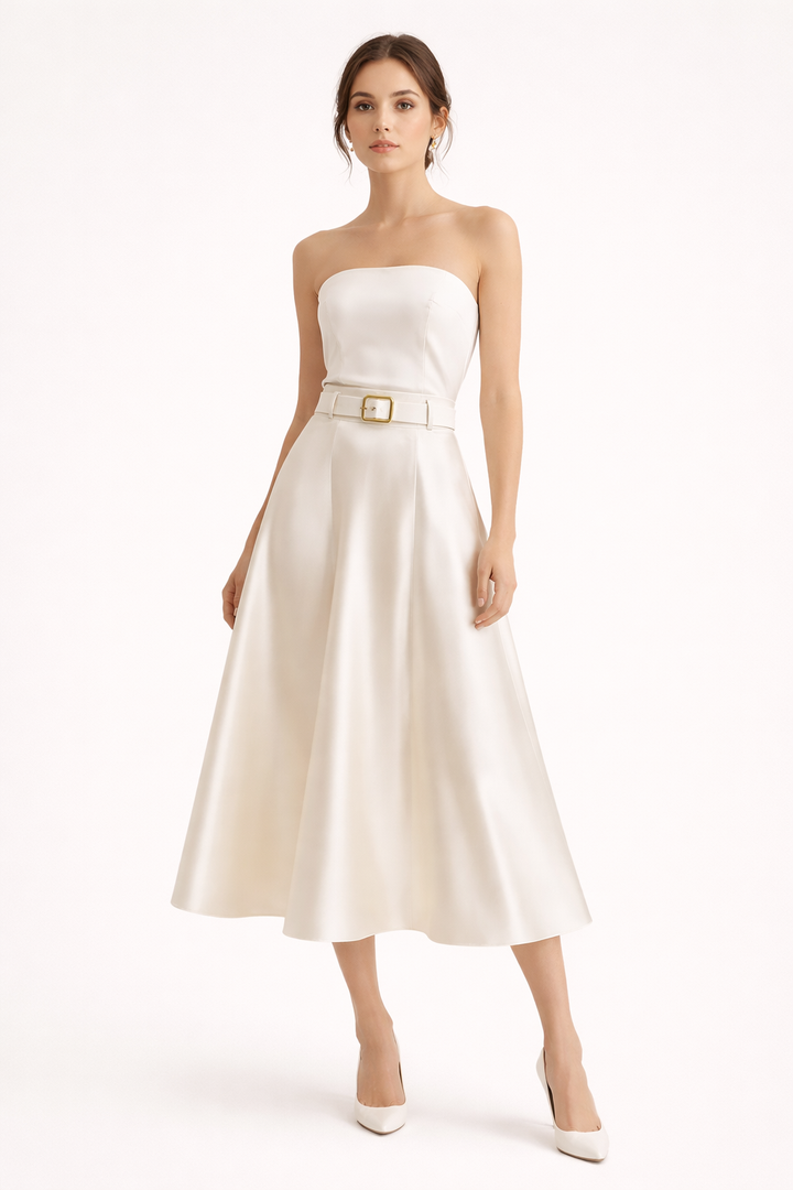 Jupe midi élégante taille haute en satin pour femme - Estelle