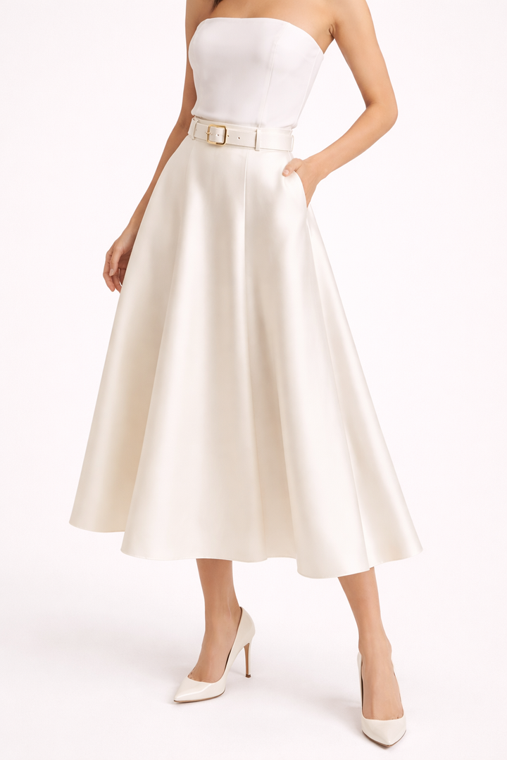 Jupe midi élégante taille haute en satin pour femme - Estelle
