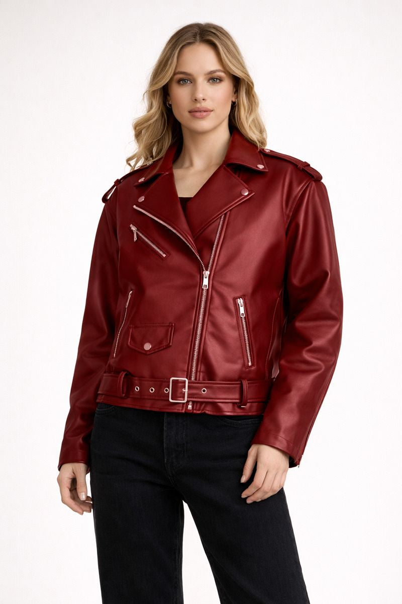 Veste de motard à effet de cuir pour femme avec ceinture - Ylena