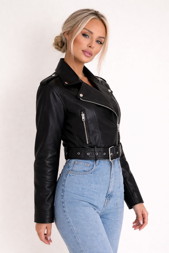 Veste courte de motard pour femme avec ceinture et fermeture croisée - Zaireth
