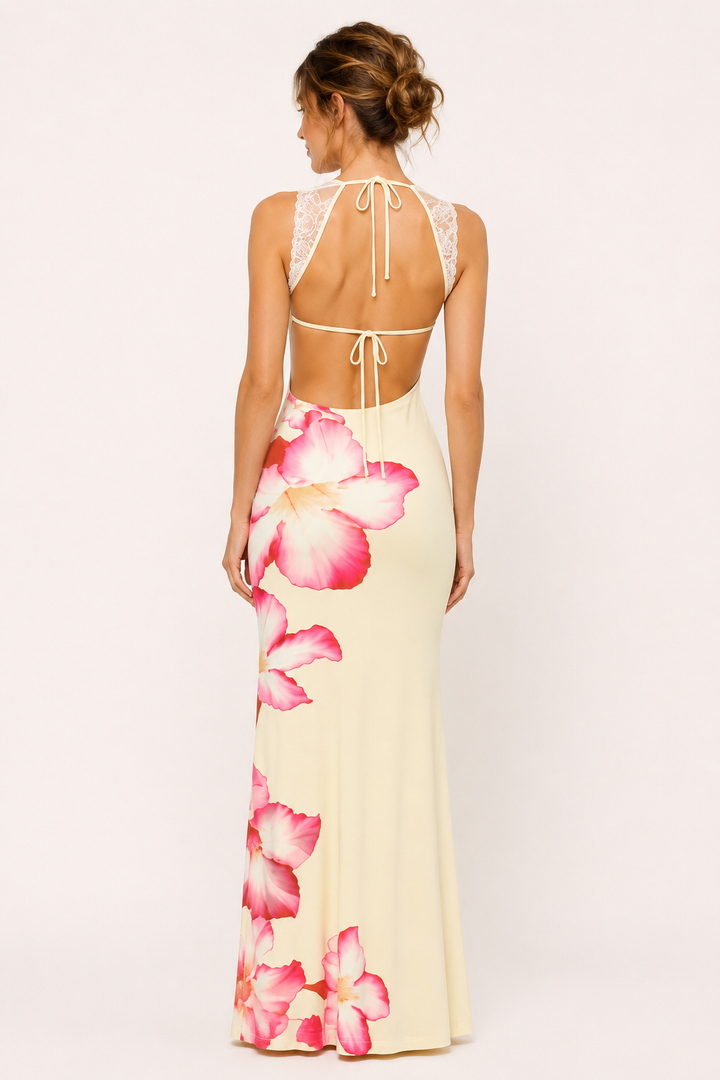 Robe longue à fleurs pour femme, épaules dénudées - Hanny