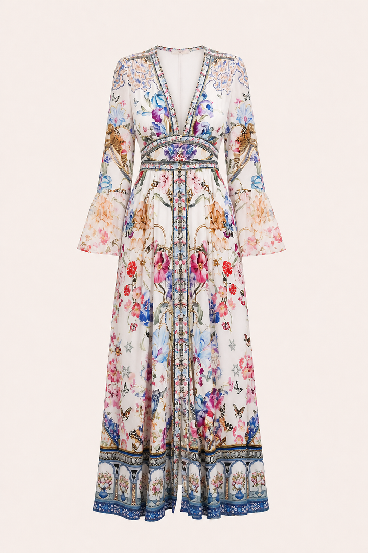 Robe midi pour femme Décolleté en V Taille haute Manches bouffantes - Connie