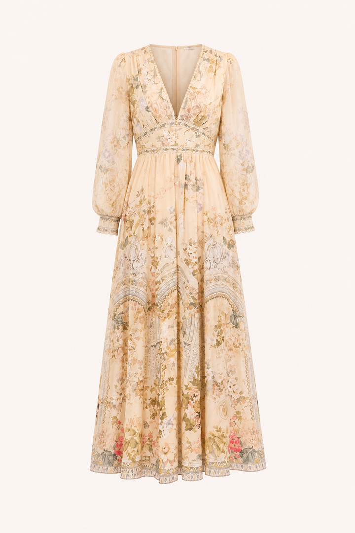 Robe midi pour femme Décolleté en V Taille haute Manches bouffantes - Connie