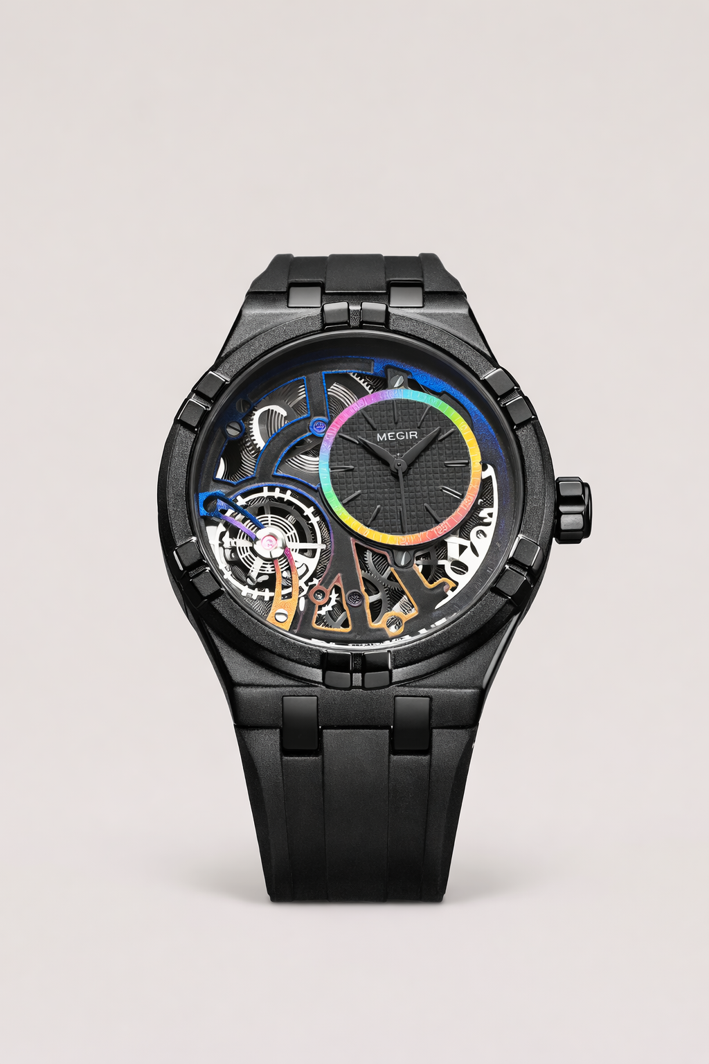 Montre mécanique à remontage automatique avec cadran ouvert et bracelet en silicone pour hommes