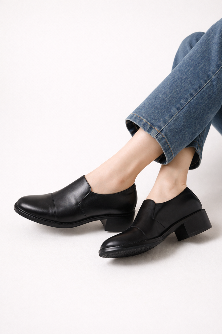 Mocassins en cuir pour femme avec talon large et bout rond - Maelle
