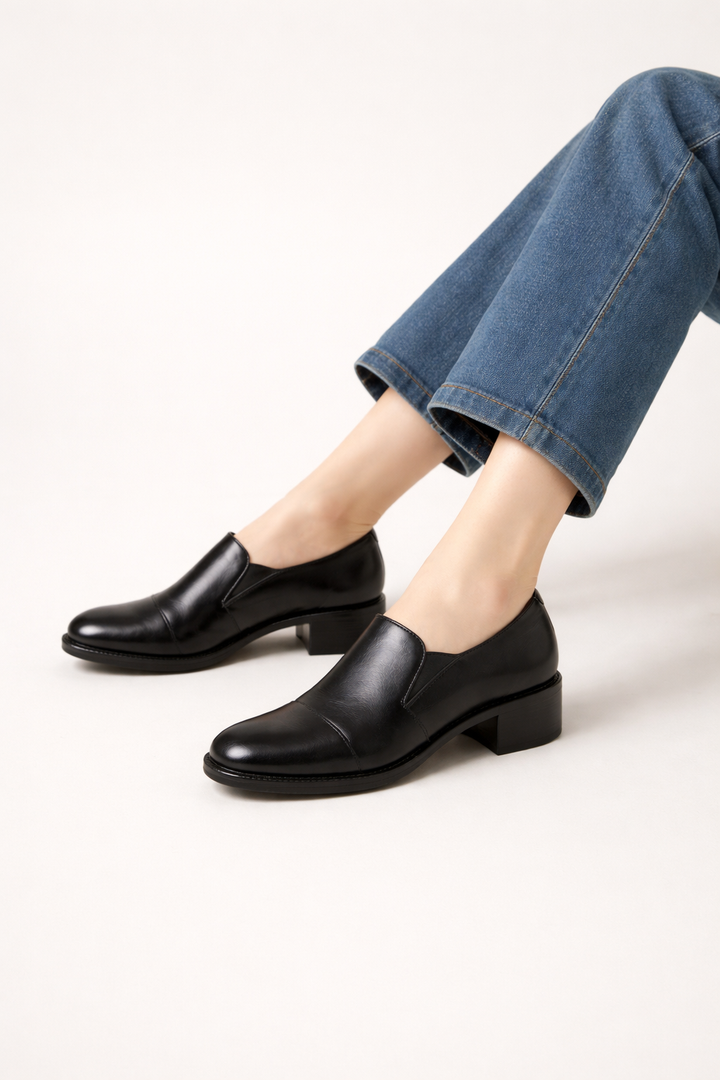 Mocassins en cuir pour femme avec talon large et bout rond - Maelle