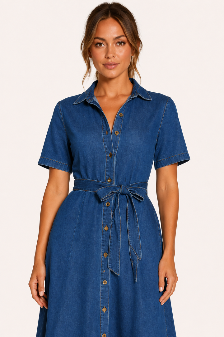Robe midi femme denim casual ceinturée boutons - Klara