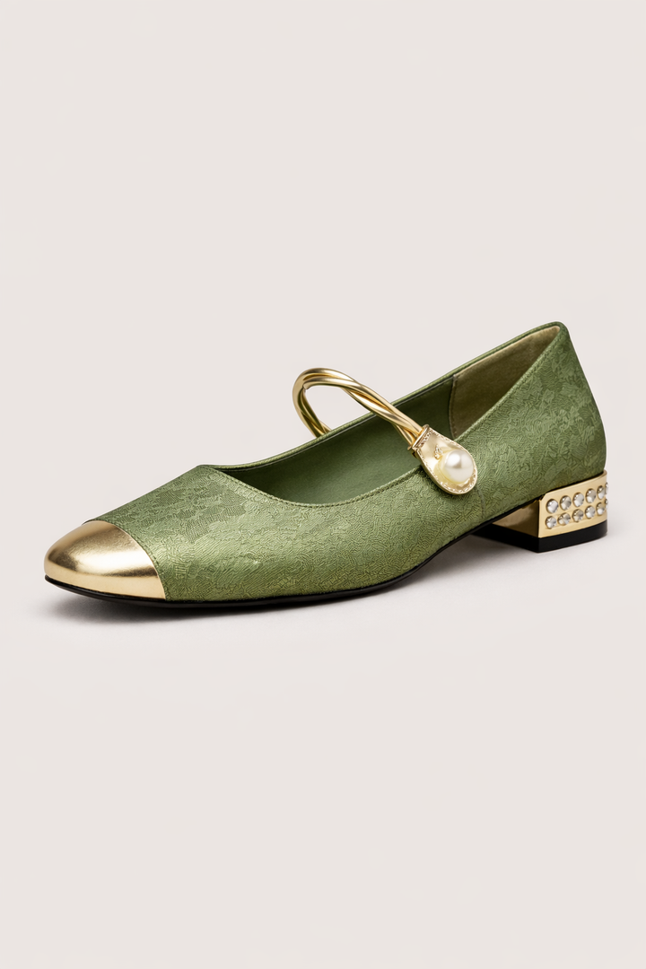 Ballerines pour femmes avec bout métallique et talon bloc avec cristaux - Valeria