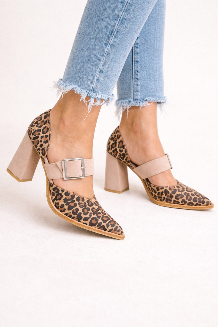 Chaussures à talon bloc pour femmes avec boucle en imprimé léopard - Virela