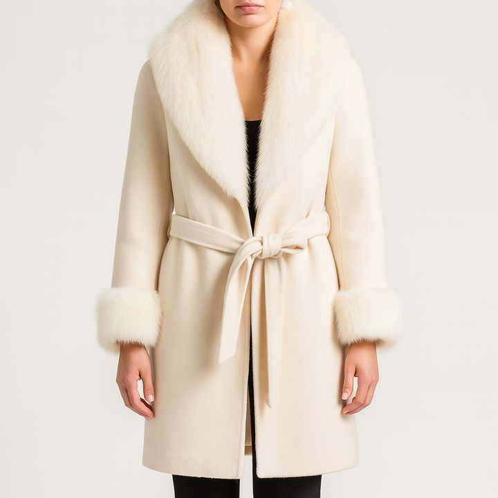 Manteau long pour femme avec col en fourrure et ceinture - Margaretti