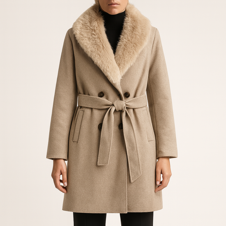 Manteau long en laine avec col en fourrure synthétique - Blanc