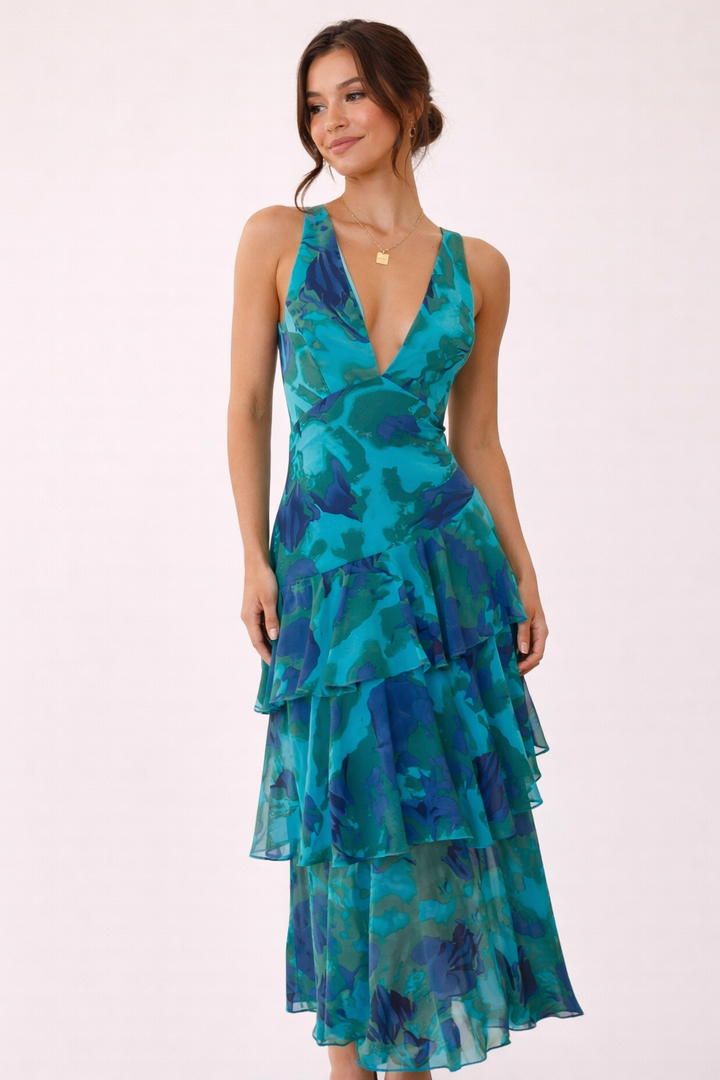 Robe longue en mousseline de soie à col en V pour femme - Domenica